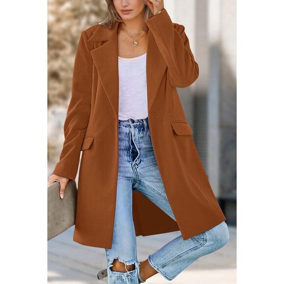 🆕Women's Brown Fall Long Sleeve Lapel Pockets Loose Casual Blazers Outerwear - Picture 8 of 9